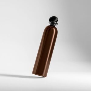 brown cosmetic bottle mockup, amber glass water bottle packaging, personal care product in cylindrical container, black plastic flip top cap squeeze bottle, trendy liquid skincare packaging mockup